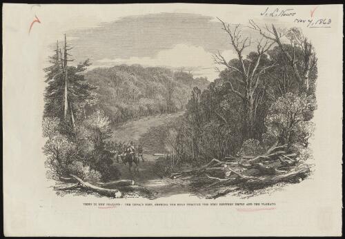 Views in New Zealand: The Devil's Nest, showing the road through the bush between Durry and Waikato [picture] / [after a photograph by J. Kinder]; E.M.W. del