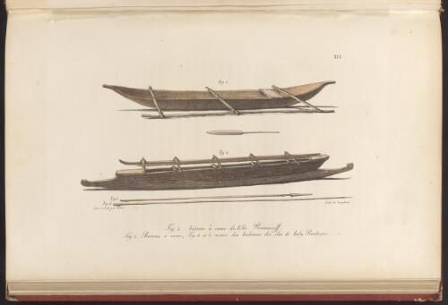 [Canoes of the Marshall Islands, and a canoe and weapons of the Cook Islands] [picture] / dess. et lith. par Choris
