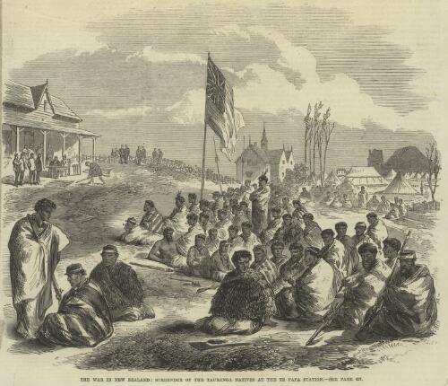 The war in New Zealand : surrender of the Tauranga natives at the Te Papa station [picture] / [Horatio Gordon Robley; Mason Jackson]