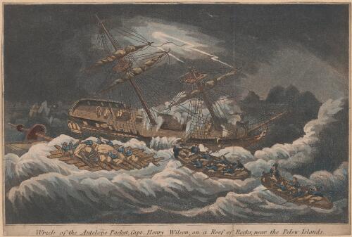 Wreck of the Antelope packet, Capt. Henry Wilson, on a reef of rocks, near the Pelew Islands [picture]