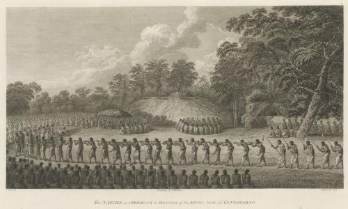 The natche, a ceremony in honour of the king's son, in Tongataboo [picture] / J. Webber del.; landscape by S. Middiman; figures by J. Hall