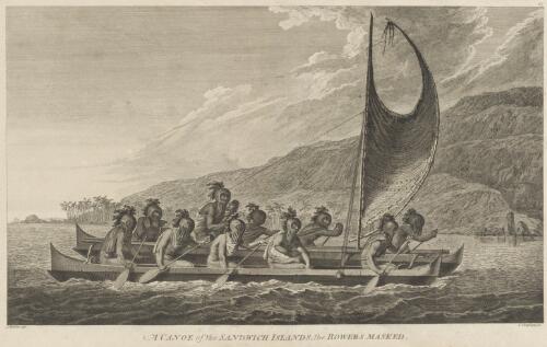 A canoe of the Sandwich Islands, the rowers masked [picture] / J. Webber del.; C. Grignion sc