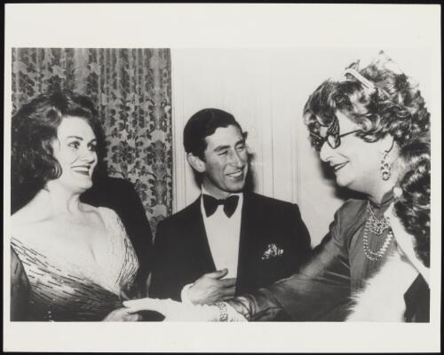 Joan Sutherland, Prince Charles and Dame Edna attending the Inaugural Gala Concert for the Australian Music Foundation in London, 1978 / Don McMurdo