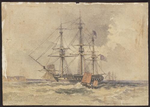A frigate, "Lady Ridley", at sea with a Deal gallery in foreground [picture]