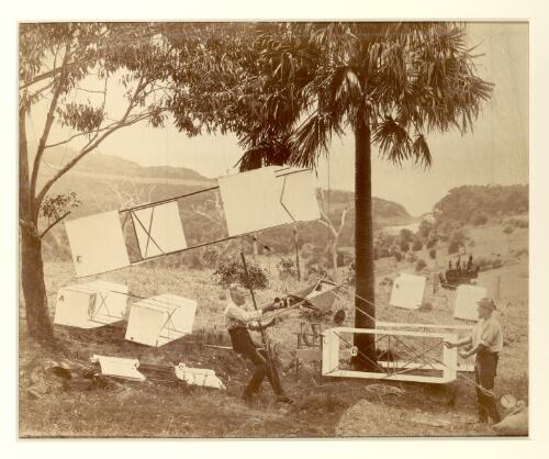 [Lawrence Hargrave and unidentified man with four boxkites at Stanwell Park, New South Wales, 1894] [picture] / C. Bayliss, photo, Sydney