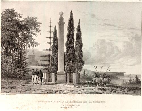 Monument eleve a la memoire de La Perouse [picture] : par Mr. de Bougainville en 1825 (Botang-bay, Nouvelle Galles meridionale) / Bichebois d'apres E.B. de la Touanne; fig. par Bayot; lith. de Benard et Frey