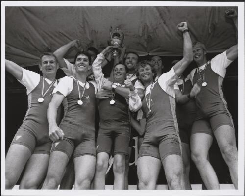 A.C.T. rowing team members, the winners of the Kings Cup in 1997 at the Australian Rowing Nationals at Lake Barrington, Tasmania [picture] / Damian McDonald