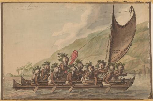 A canoe of the Sandwich Islands, the rowers masked [picture]