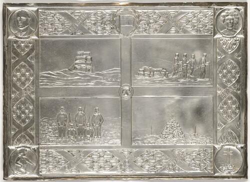 Metal plaque commemorating the Antarctic Expedition 1910-1912 with 4 views and portraits of Capt. Scott, Lady Scott and Peter and with the names of Wilson, Evans, Oates, Scott and Bowers [realia]