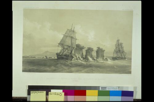 Les corvettes pretes a tomber sur les rochers de Sanguir, Iles Moluques [picture] / dessine par L. Le Breton ; lithe. par Mayer