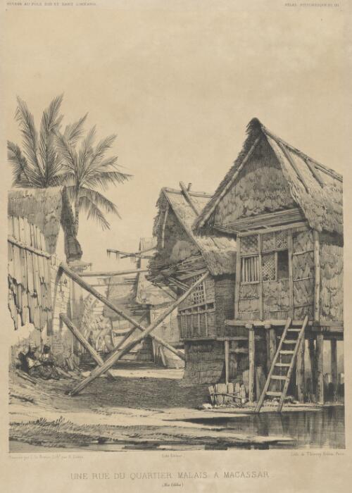 Un rue de quartier Malais a Macassar,  Iles Celebes [picture] / dessine par L. Lebreton ; lithe. par E. Ciceri