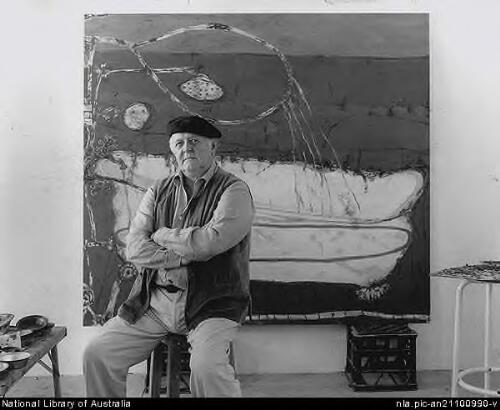 John Olsen with painting "The bath",  1997 [picture] / Greg Weight
