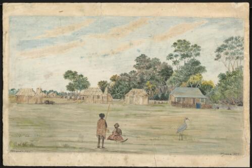Aboriginal figures and brolga near Wyuna, Victoria, 1856 [picture] E. Stocqueler Pinx