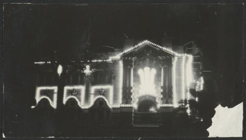 [Street view of a building in Sydney illuminated for visit to Sydney of H.R.H. the Prince of Wales, June - July 1920] [picture]