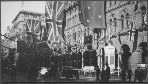 [Street decorations in George Street during the visit to Sydney of H.R.H. the Prince of Wales, June - July 1920] [picture]