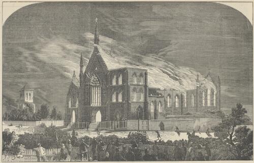 Burning of St. Mary's Cathedral, seen from the south west, [Sydney 1865] [picture] / A.L. Jackson, F.C. Terry