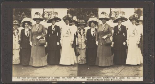 Great suffragette demonstration in London [picture] : Mrs Andrew Fisher, Mrs McGowen and Miss Vida Goldstein from Australia