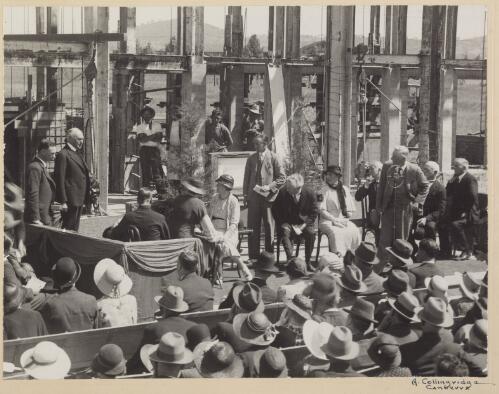 Laying of the foundation stones for the National Library building by John Masefield and Sir Isaac Isaacs, Kings Avenue, Canberra, 1934 [picture] / A. Collingridge