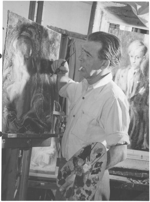 Portrait of William Dobell at work on his oil painting Lady picking her nose, with the half finished Boy in jodhpurs in the background, 1953 [picture] / Australian official photograph by J. Fitzpatrick