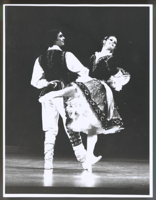 Two of the principal dancers of the Australian Ballet, Marilyn Rowe, as the widow, and John Meehan, as Danilo, in a pas de deux in the company's world premiere of its production of "The Merry Widow" in Melbourne, 1975 [picture] / Australian Information Service photograph by John McKinnon