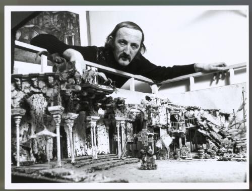 Edward Pask with a scenery model for the film version of The Australian Ballet's "Don Quixote", 1977 [picture] / Australian Information Service photograph by Norman Plant