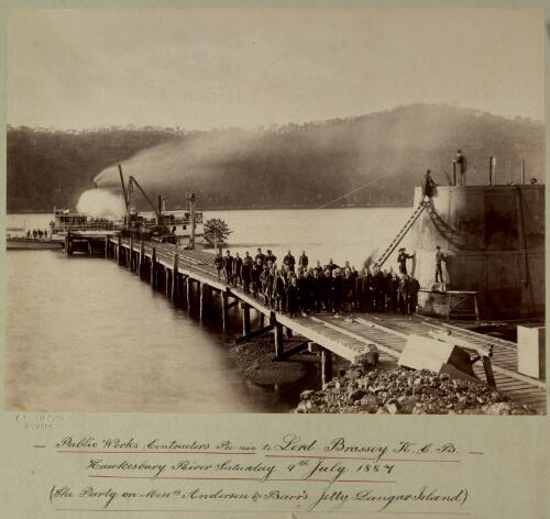 Public Works contractors picnic to Lord Brassey K.C.B., Hawkesbury River, Saturday 9th July 1887, the party on Messrs Anderson & Barr's jetty, Dangar Island, [New South Wales] [picture] / C. Bayliss