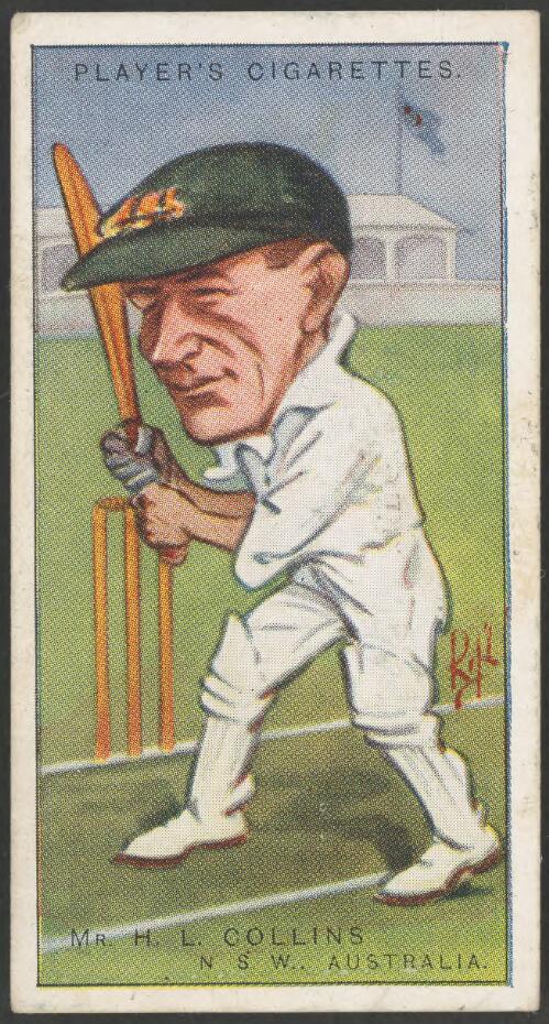 Portrait of cricketer H.L. Collins, from Cricketers caricatures by "RIP", John Player & Sons cigarette card, 1926 [picture]