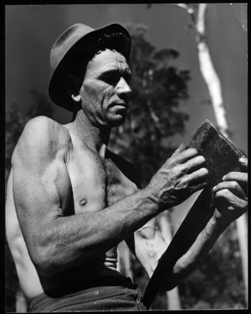 Unidentified timber worker, Bril Bril Forrestry Camp near Wauhope, New South Wales [picture] / W. Brindle