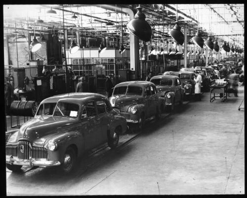 End of the main assembly line in Plant 1, General Motors-Holden's at Fishermen's Bend, Melbourne, Victoria [picture] / General Motor-Holden's photograph