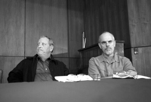 Terry Hicks and Tim Anderson wait to speak at the 20 September 2003 rally at the Sydney Trades Hall in support of David Hicks and Mamdouh Habib [picture] / Paul Cosgrave