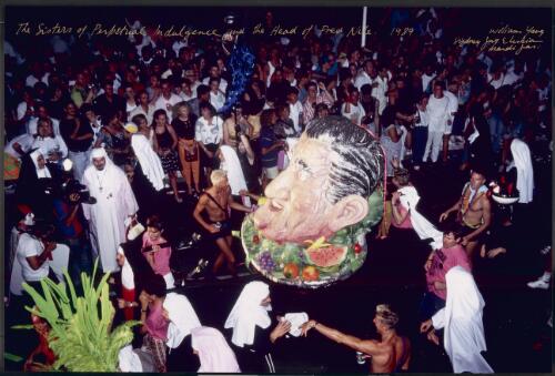 The Sisters of Perpetual Indulgence and the head of Fred Nile [on a plate of fruit], Sydney Gay and Lesbian Mardi Gras, 1989 [picture] / William Yang