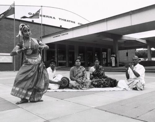 Bharatnatyam dancer Mrs. V. Gayatri, dances outside the Canberra Theatre in which the troupe performed during its visit to the national capital [picture] / Australian Information Service photograph by Malcolm Lindsay