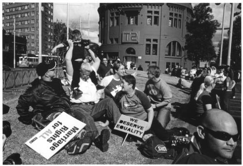 Protesters gather at "Equal rights for same sex marriage" rally, Taylor Square, Sydney, May 2004 [picture] / Karl Sharp