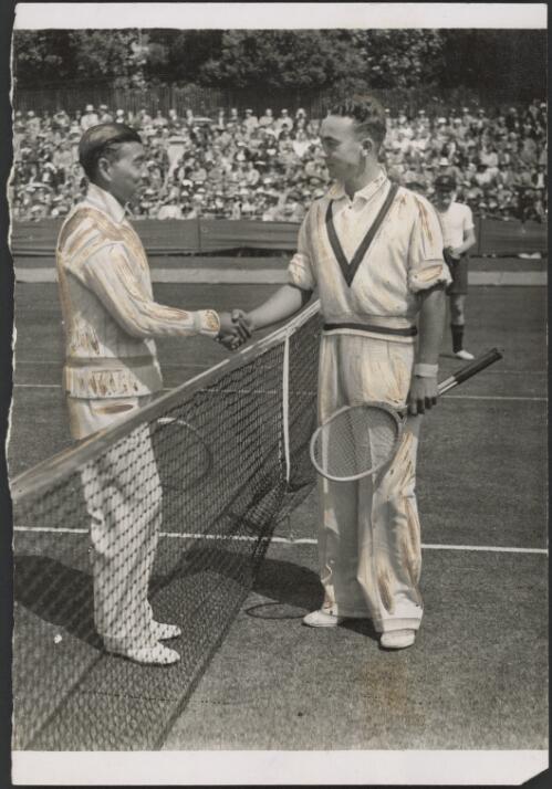 [V.B. McGrath shaking hands with J. Yamagishi after their match, Australia vs Japan in quarter final of the Davis Cup, 7 June1934] [picture] / Keystone View Company