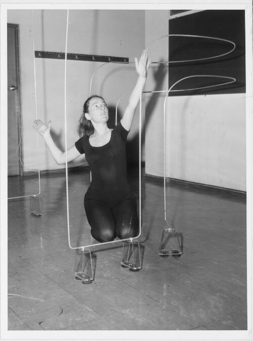 Young Australian choreographer Philippa Cullen with wireloop aerials in 'Homage to Theremin 2', 1972 [picture] / Australian Information Service photograph by Alex Ozolins