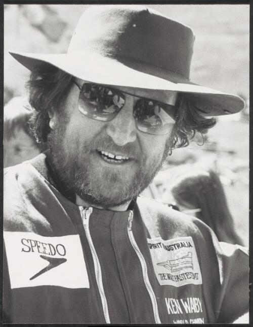 Portrait of Ken Warby after breaking the world water speed record in his boat Spirit of Australia, Blowering Dam, New South Wales, October, 1978 [picture] / Michael Jensen