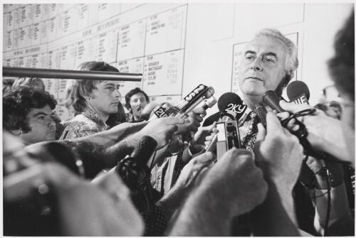 Gough Whitlam, Prime Minister of Australia at press conference, [197-?], [2] [picture] / Michael Jensen