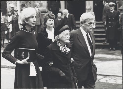 Dame Pattie Menzies and daughter Heather Menzies at the state funeral for Sir Robert Menzies, Scots Church, Melbourne, 19 May 1978 [picture] / Michael Jensen