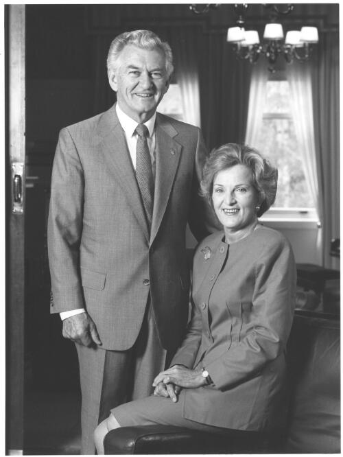 Bob Hawke, Prime Minister of Australia 1983-1991, with his wife Hazel Hawke, [198-?] [picture] / Michael Jensen