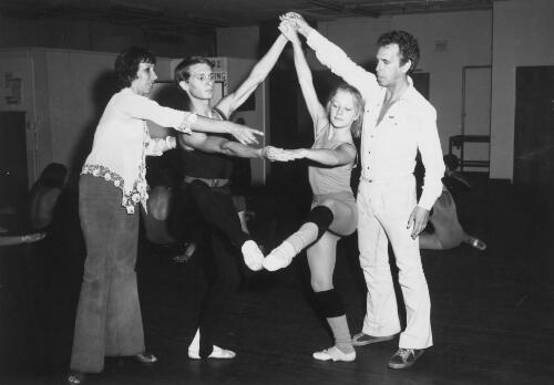 Two trainee dancers with the Dance Company New South Wales are instructed by Willy de la Bye and Jaap Flier, Sydney, 1975 [picture] / Australian Information Service photograph by Alex Ozolins