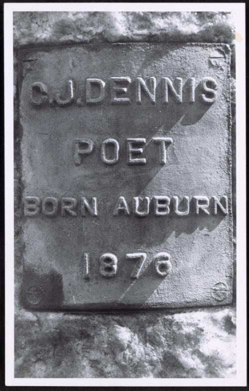 Clarence James Dennis, memorial inscription at his birthplace in Auburn, South Australia, 1967 [picture] / William A. Bayley