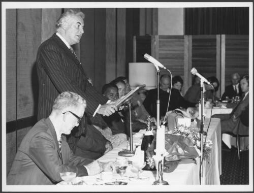 The Prime Minister of Australia, Mr [Edward] Gough Whitlam, addressing the Australian Farmers' Federation Conference at Canberra on October 29, 1974 [picture] / Australian Information Service photograph by Norman Plant
