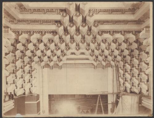 [Construction of the interior of the Capitol Theatre, Melbourne, with Walter Burley Griffin and another unidentified person on the balcony, ca. 1923] [picture]