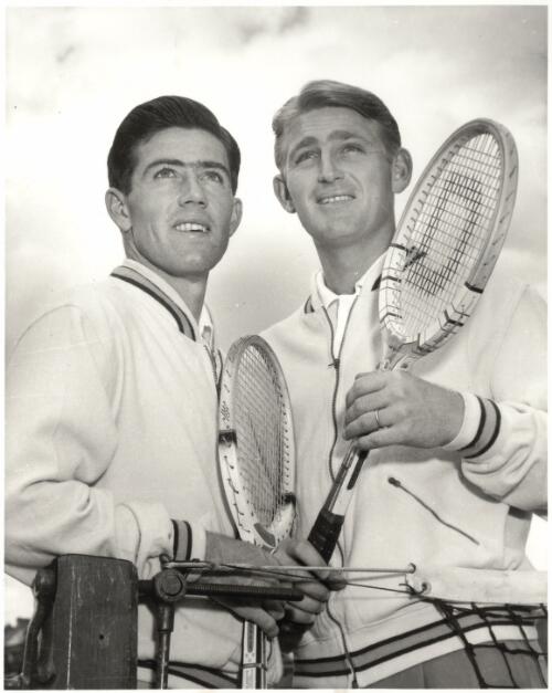 Ken Rosewall and Lew Hoad, known as the tennis twins, 1954 Davis Cup, White City, Sydney, challenge round, Australia versus USA [picture] / Ern McQuillan