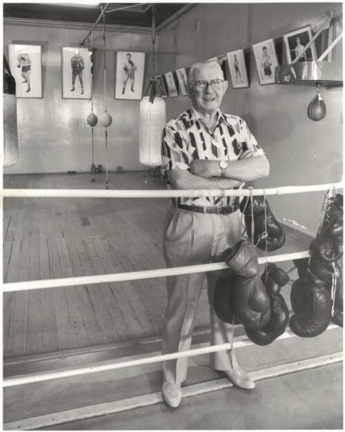 Ern McQuillan, Senior, in his Newtown, Sydney, gymnasium, 1979 [picture] / Ern McQuillan