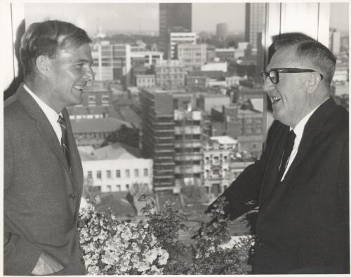Arthur Calwell [right] with Douglas Anthony at the opening of the Commonwealth Centre, Melbourne, ca. 1966 [picture] / The Age
