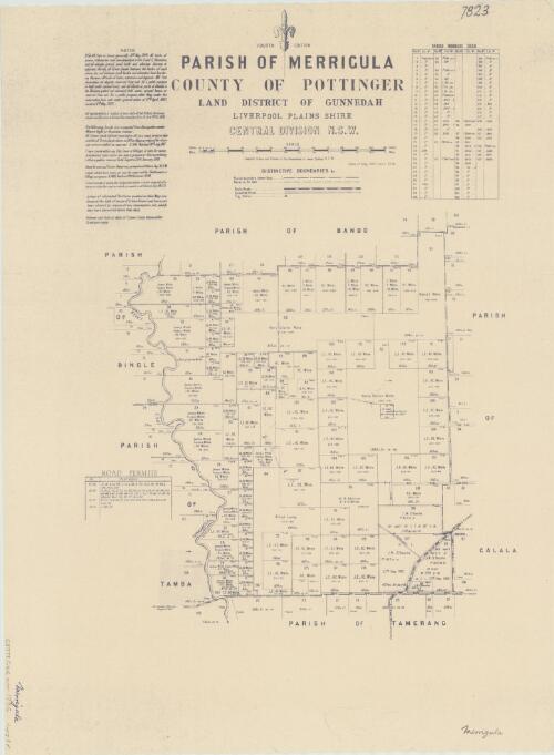 Parish of Merrigula, County of Pottinger [cartographic material] : Land District of Gunnedah, Liverpool Plains Shire, Central Division N.S.W. / compiled, drawn and printed at the Department of Lands, Sydney N.S.W