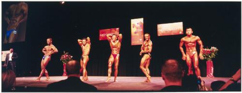 Five male body builders in a physique competition at the Sydney Gay Games, 2002 [picture] / C. Moore Hardy