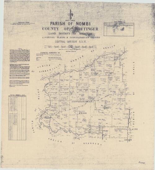 Parish of Nombi, County of Pottinger [cartographic material] : Land District of Gunnedah, Liverpool Plains & Coonabarabran Shires, Central Division N.S.W. / compiled, drawn and printed at the Department of Lands, Sydney N.S.W