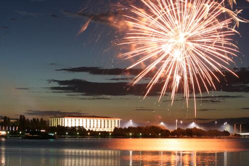 Fireworks near the National Library of Australia during the Australia Day fireworks spectacular, Canberra, 26 January 2006 [2] [picture] / Paul Livingston